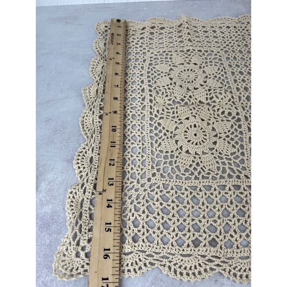 Vintage Beige Handmade Crochet Scalloped Trim Rectangular Tablecloth - 17" x 12" - Picture 3 of 6